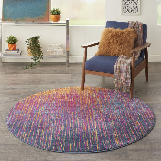 8' Blue And Pink Round Abstract Power Loom Area Rug