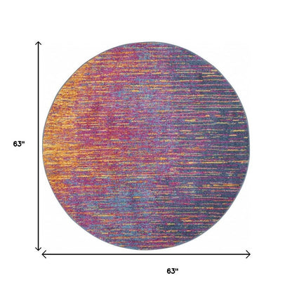 5' Blue And Orange Abstract Round Rug