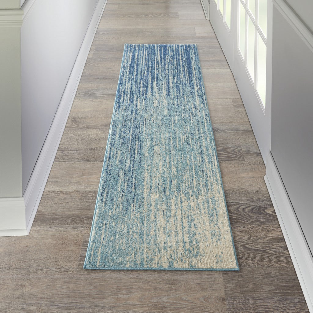 6' Ivory And Blue Abstract Power Loom Runner Rug