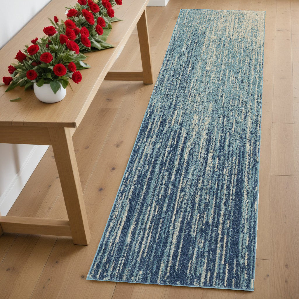 10' Ivory And Blue Abstract Power Loom Runner Rug