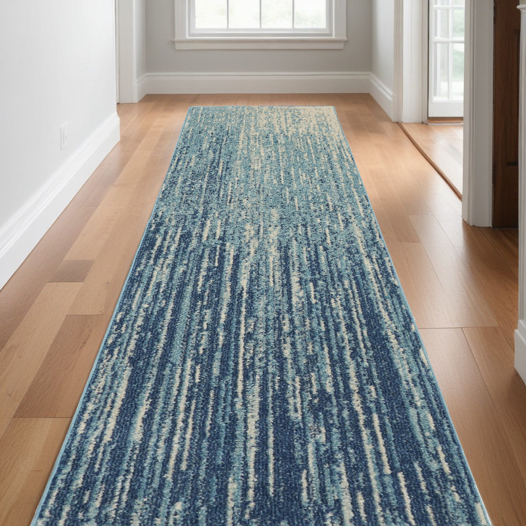 10' Ivory And Blue Abstract Power Loom Runner Rug