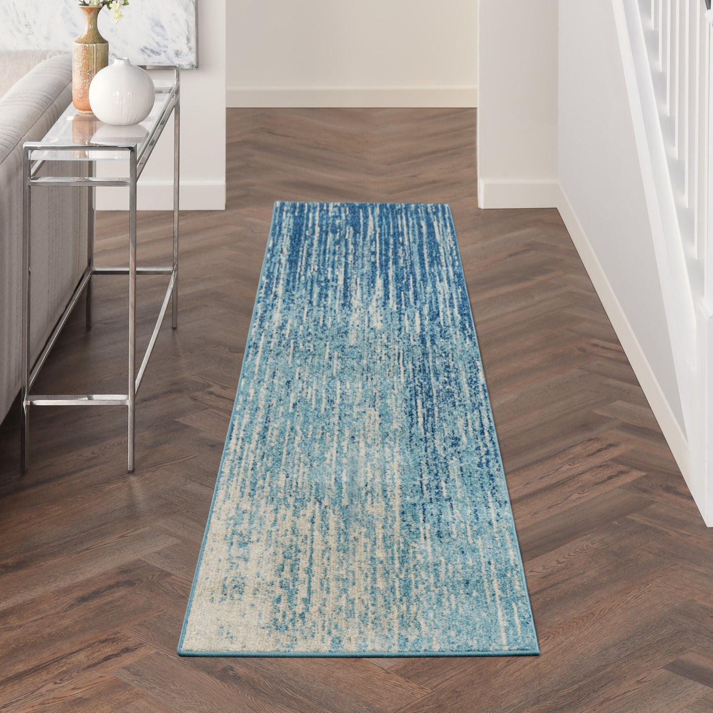 10' Ivory And Blue Abstract Power Loom Runner Rug