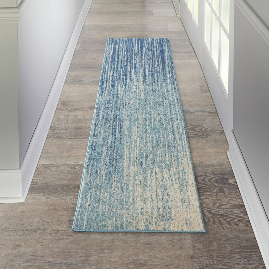 10' Ivory And Blue Abstract Power Loom Runner Rug