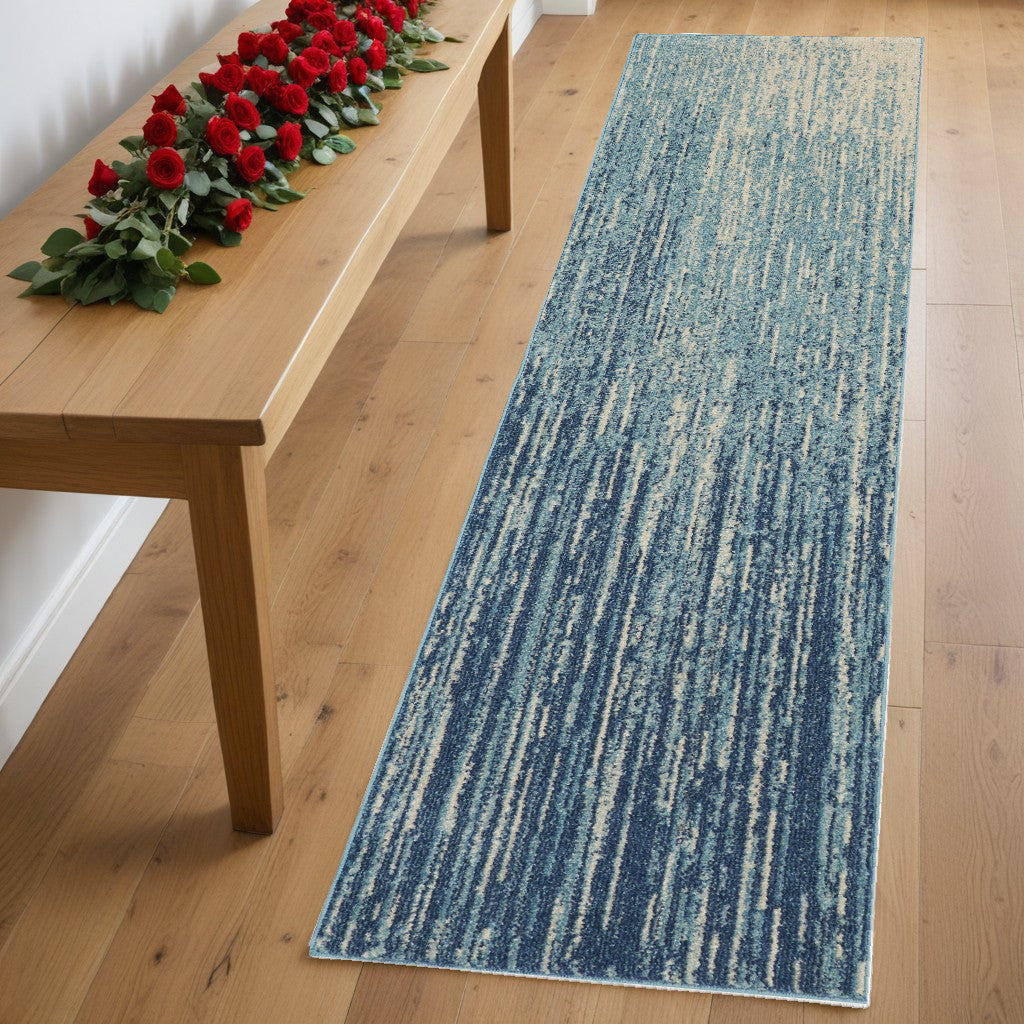 10' Ivory And Blue Abstract Power Loom Runner Rug