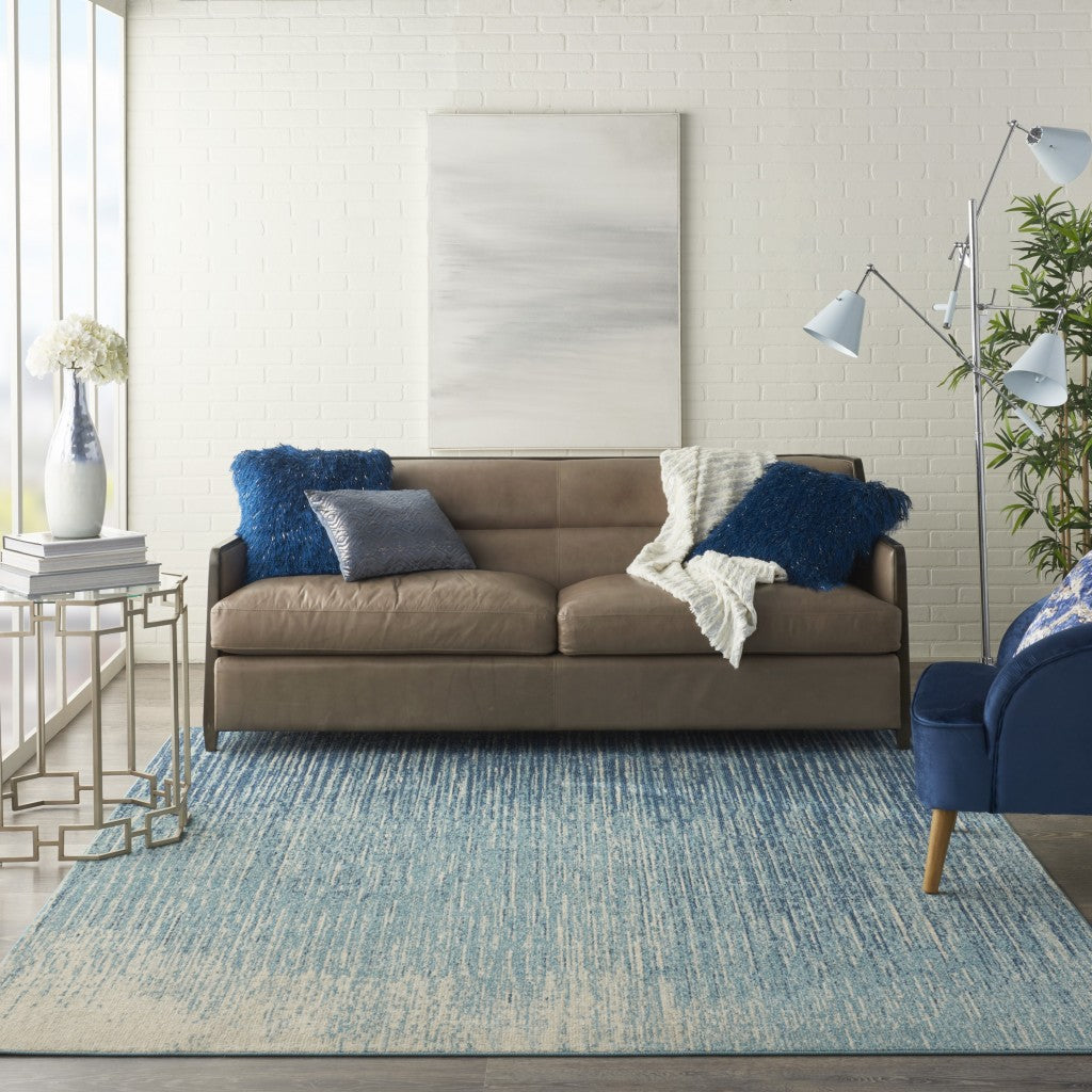 6' Ivory And Blue Abstract Power Loom Runner Rug