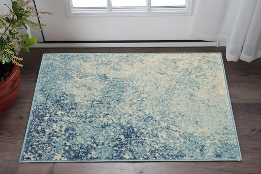 6' Blue And Ivory Abstract Runner Rug