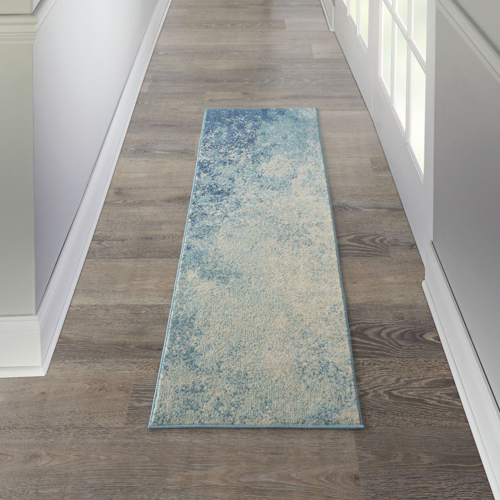 6' Ivory And Blue Abstract Power Loom Runner Rug