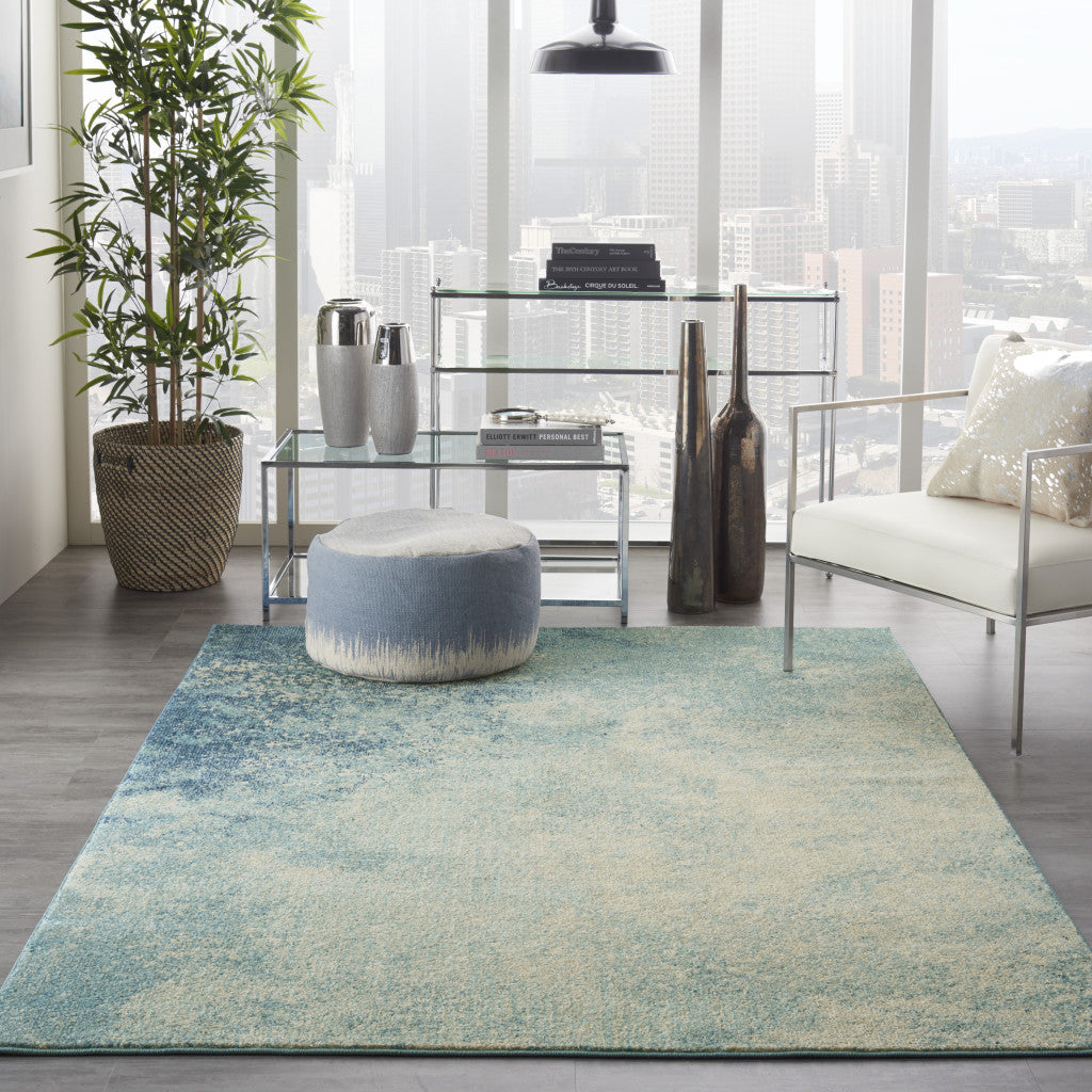 6' Ivory And Blue Abstract Power Loom Runner Rug