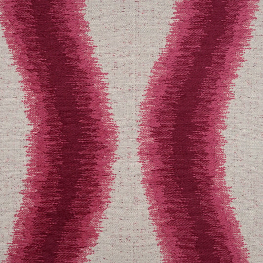 Beige woven fabric with bold magenta wavy vertical stripes; textured textile for upholstery or drapery.