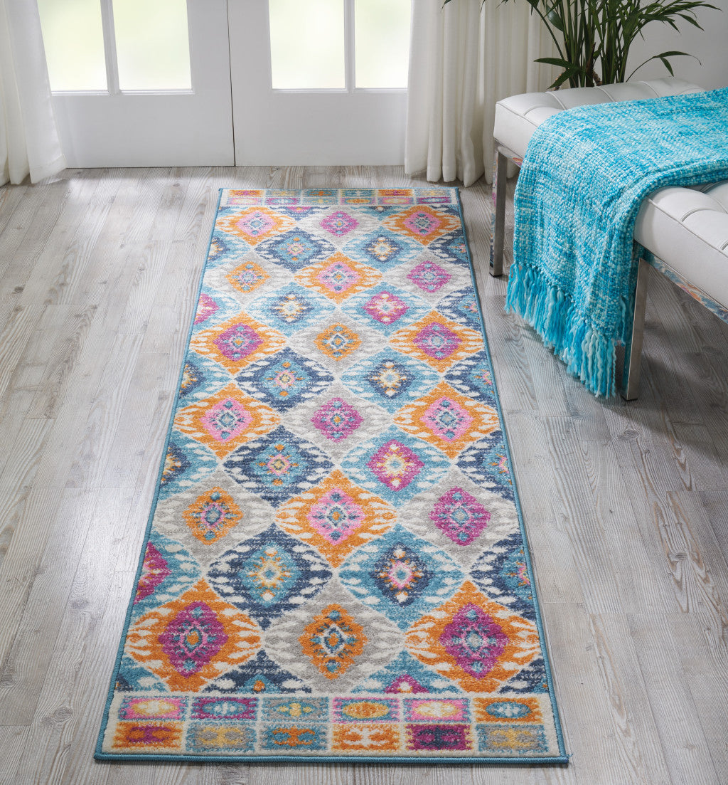 8' Blue And Pink Ogee Power Loom Runner Rug