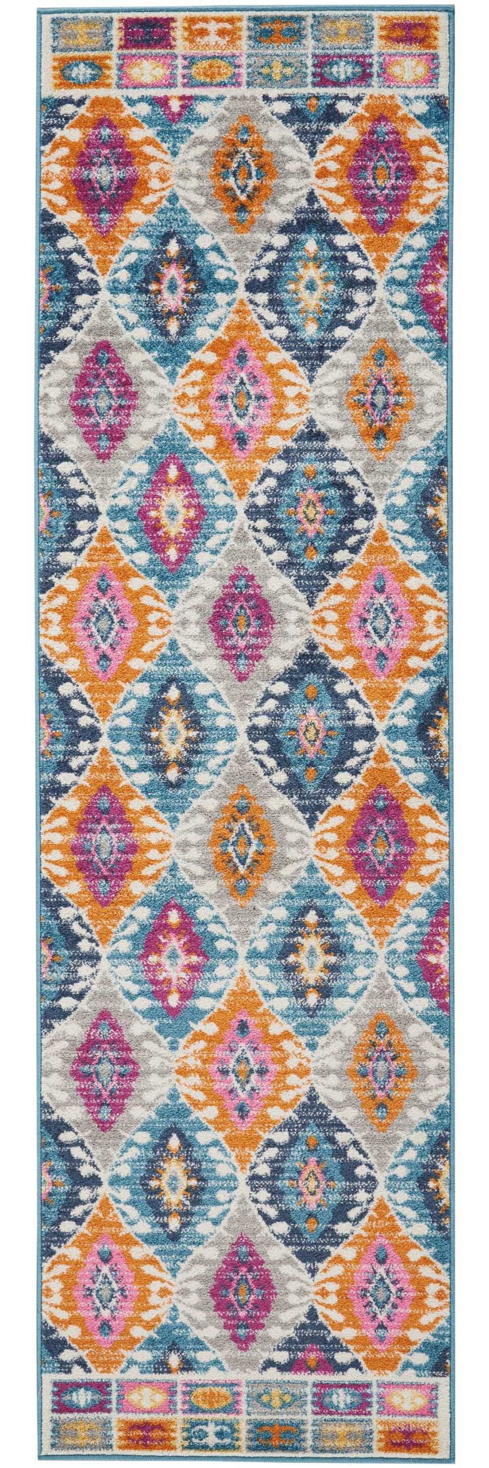 8' Blue And Pink Ogee Power Loom Runner Rug