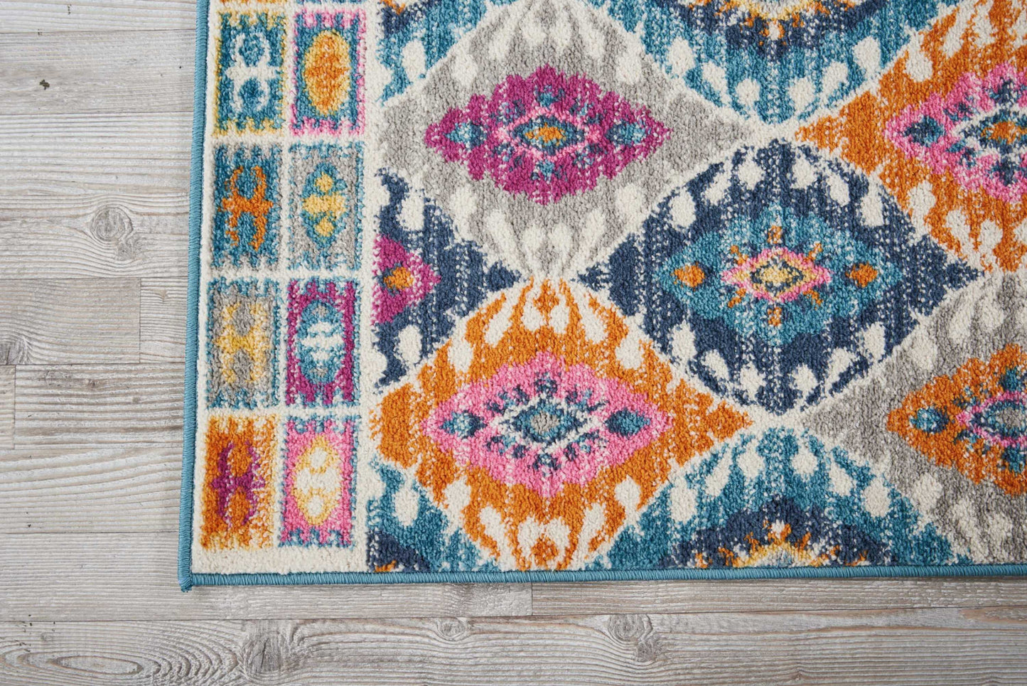 8' Blue And Pink Ogee Power Loom Runner Rug