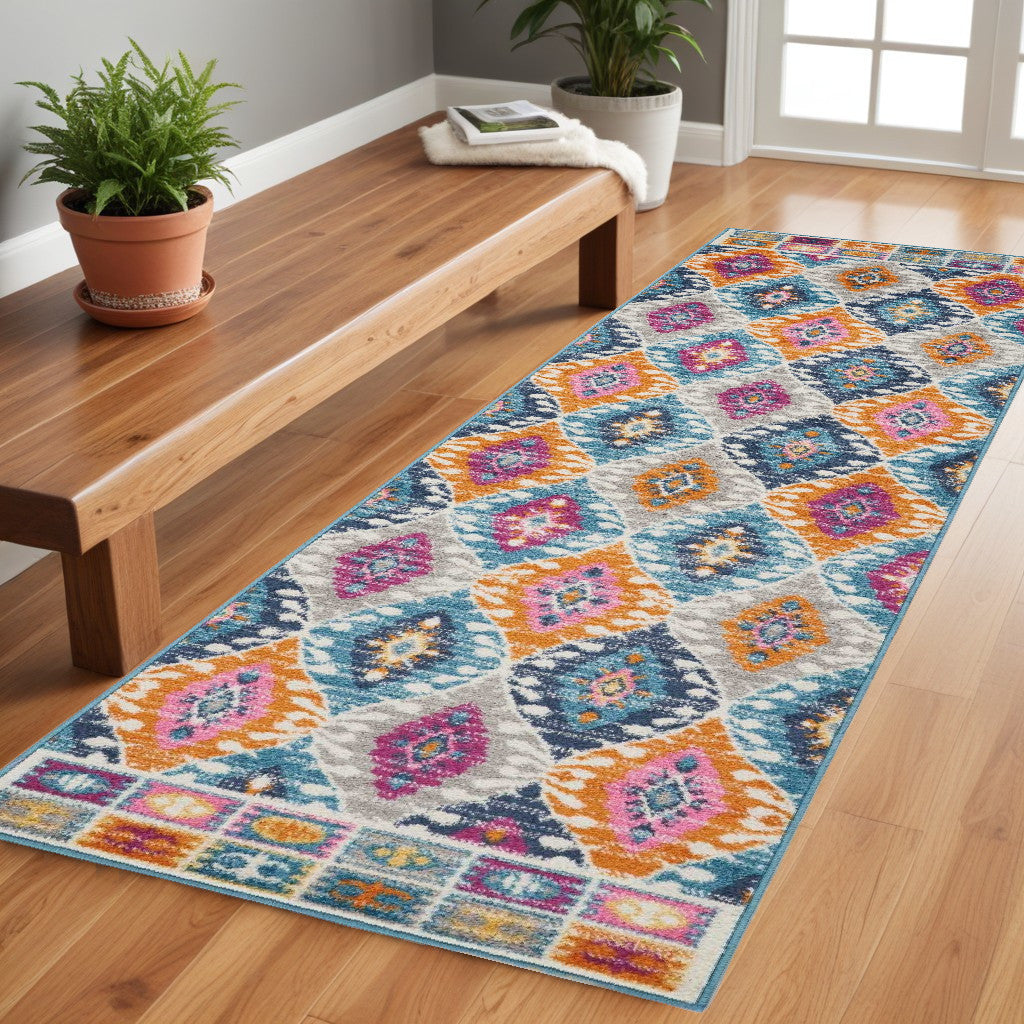 8' Blue And Pink Ogee Power Loom Runner Rug