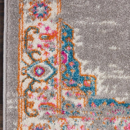 8' Gray And Gold Medallion Distressed Runner Rug