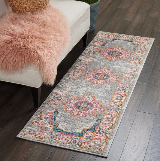 8' Gray And Gold Medallion Distressed Runner Rug