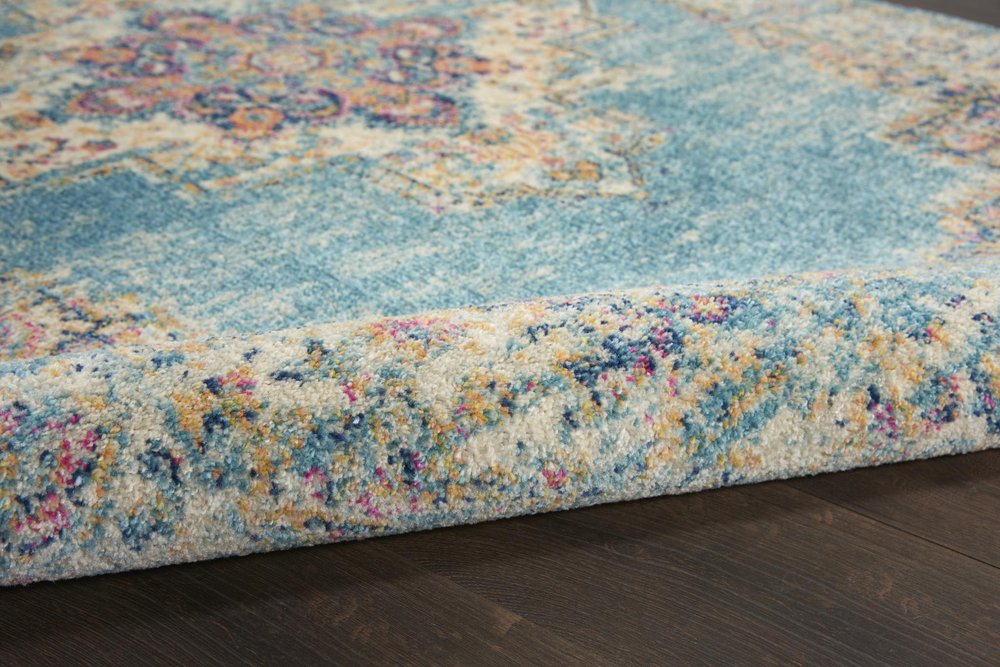 8' Blue And Ivory Southwestern Distressed Runner Rug