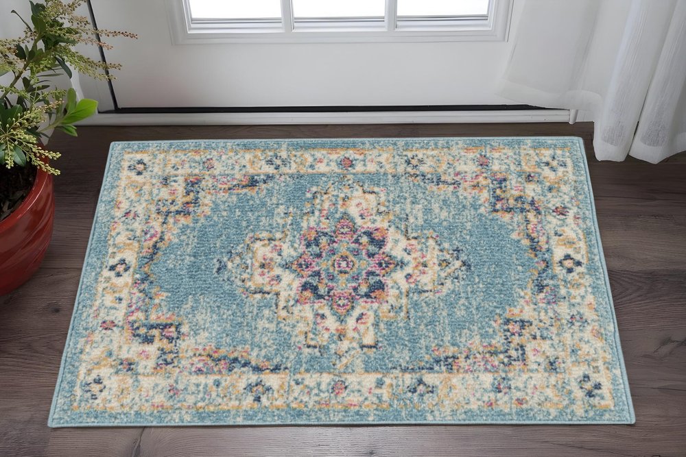 8' Blue And Ivory Southwestern Distressed Runner Rug