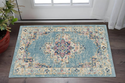 8' X 10' Blue And Ivory Southwestern Distressed Area Rug