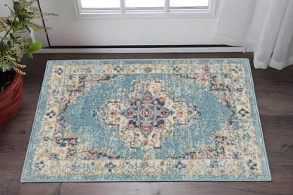 8' Blue And Ivory Southwestern Distressed Runner Rug