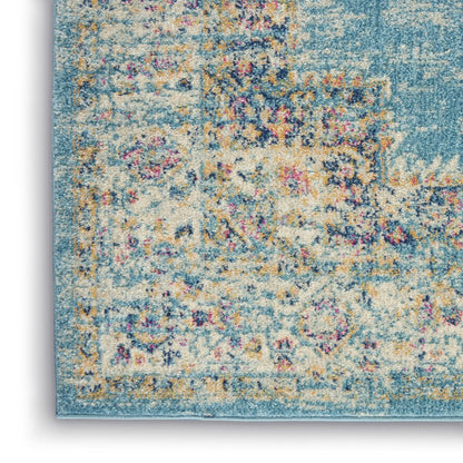 8' Blue And Ivory Southwestern Distressed Runner Rug