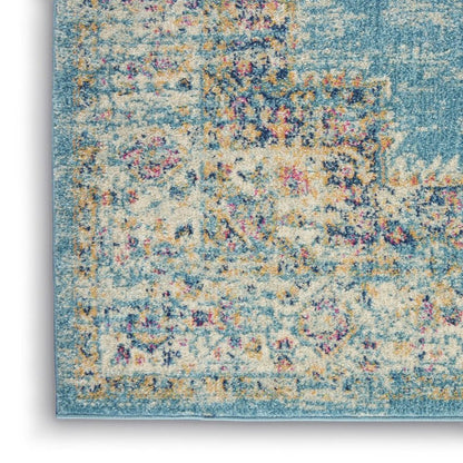 8' Blue And Ivory Southwestern Distressed Runner Rug