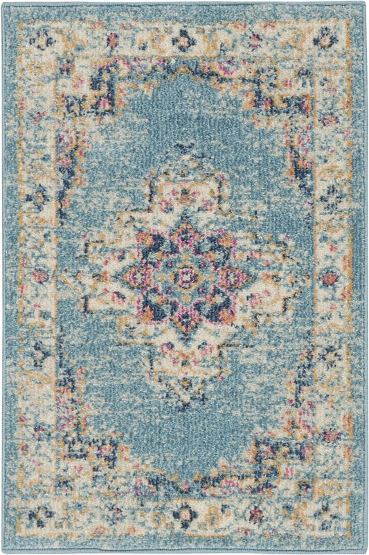 5' X 7' Blue And Ivory Southwestern Distressed Area Rug