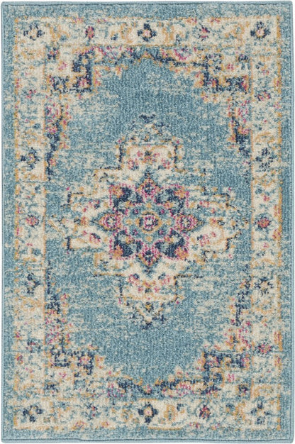 8' Blue And Ivory Southwestern Distressed Runner Rug