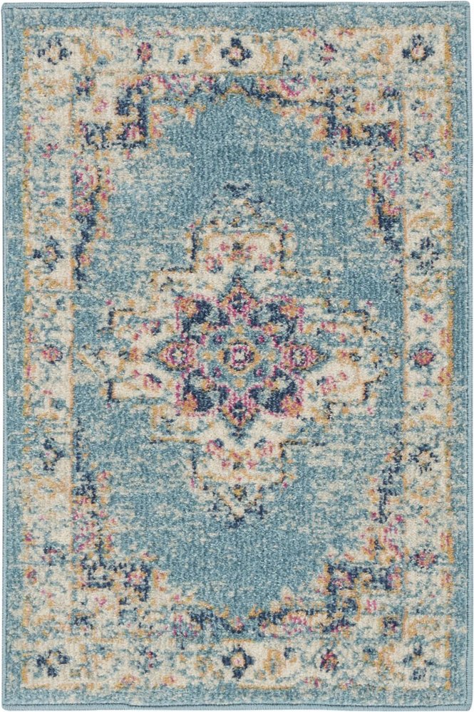 8' Blue And Ivory Southwestern Distressed Runner Rug