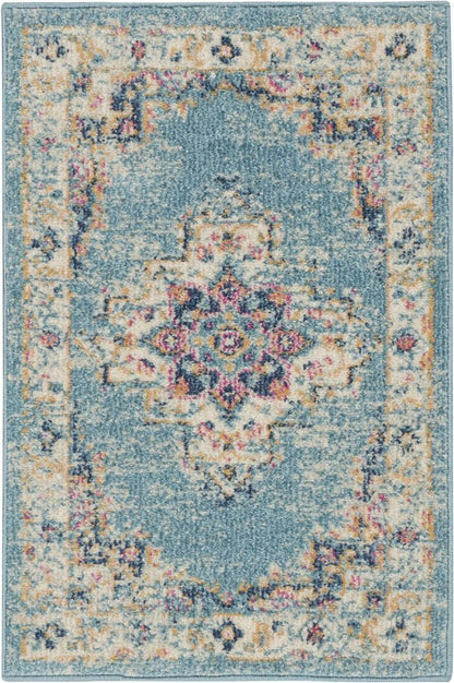 8' Blue And Ivory Southwestern Distressed Runner Rug