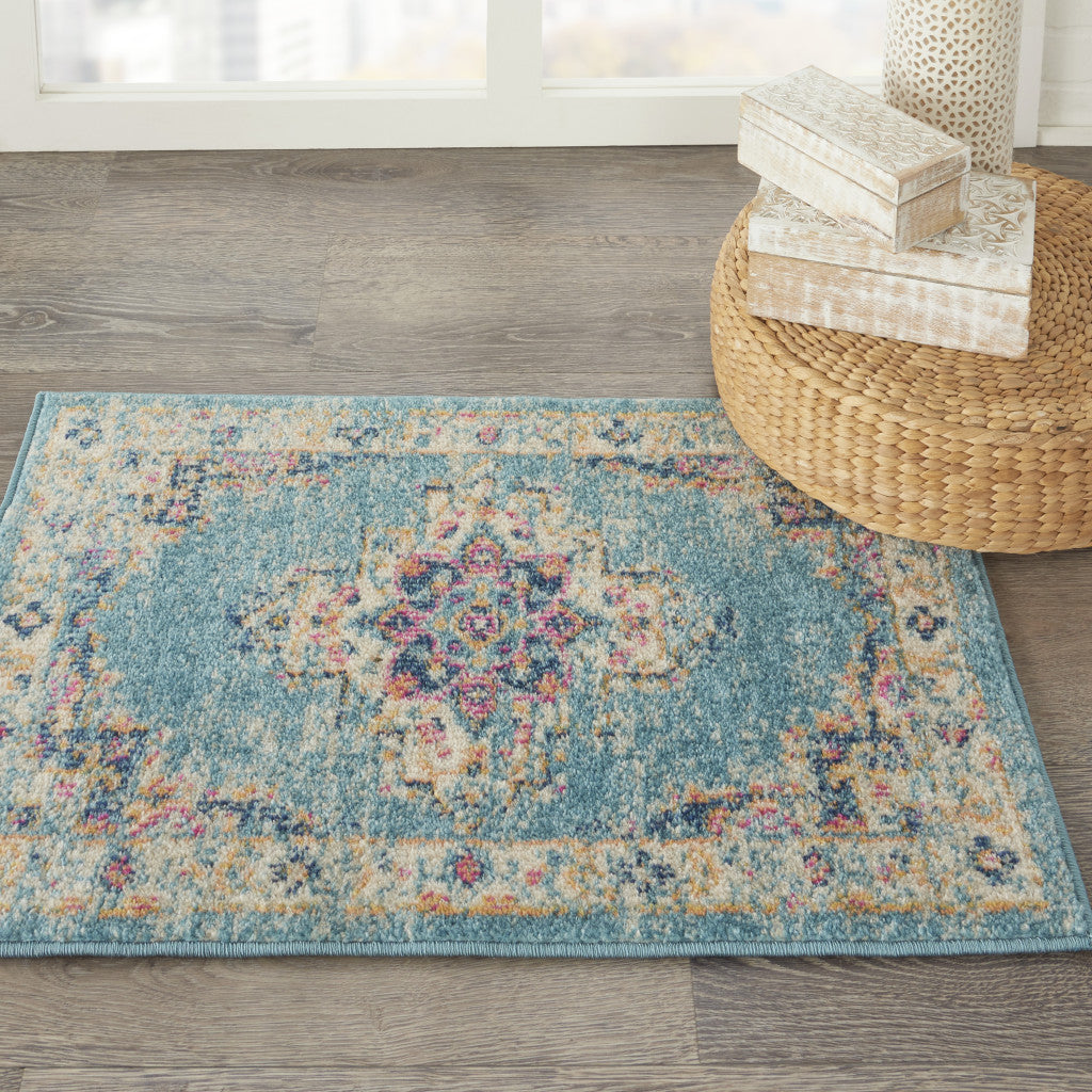 4' Light Blue Round Southwestern Power Loom Area Rug