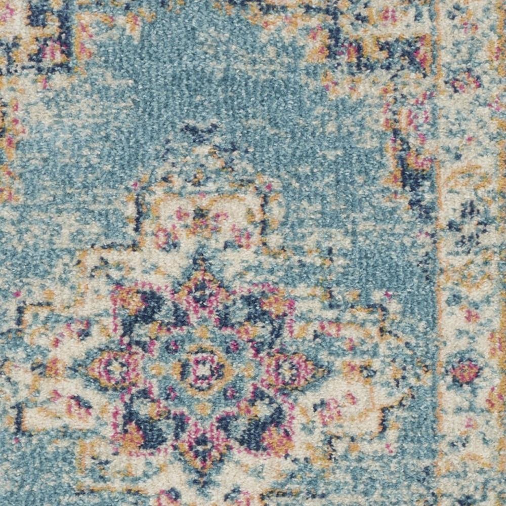 8' Blue And Ivory Southwestern Distressed Runner Rug
