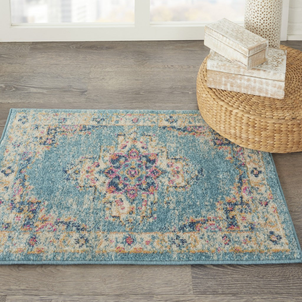 10' Light Blue Southwestern Power Loom Runner Rug