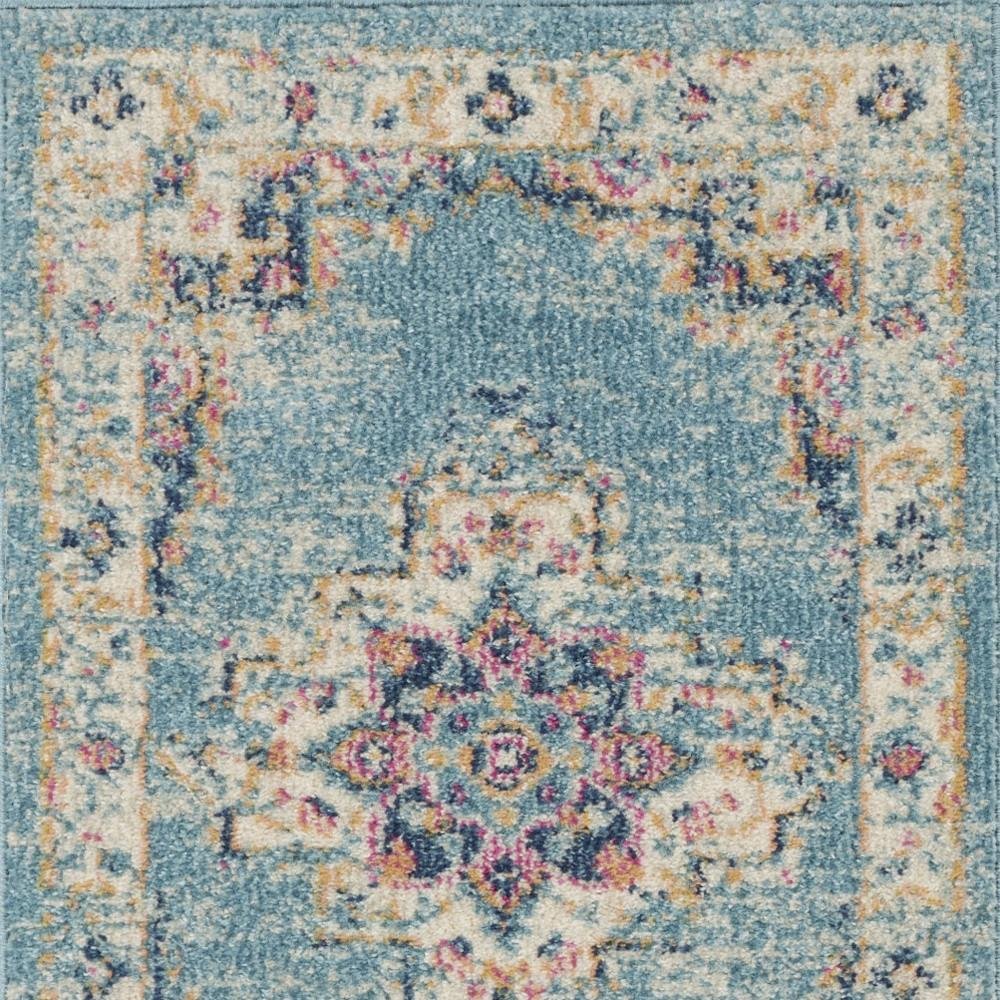8' Blue And Ivory Southwestern Distressed Runner Rug