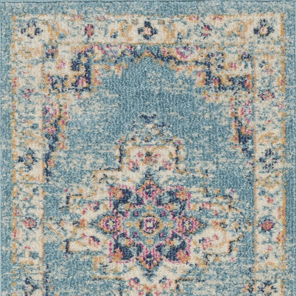 8' Blue And Ivory Southwestern Distressed Runner Rug