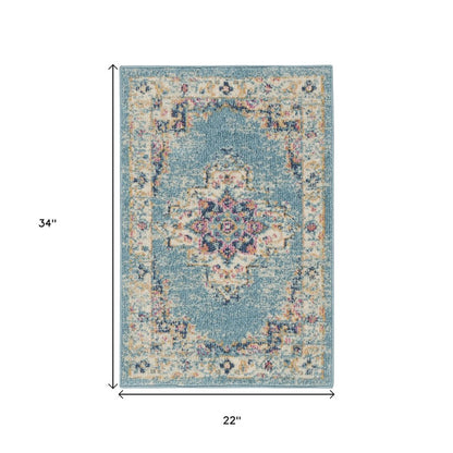 8' Blue And Ivory Southwestern Distressed Runner Rug