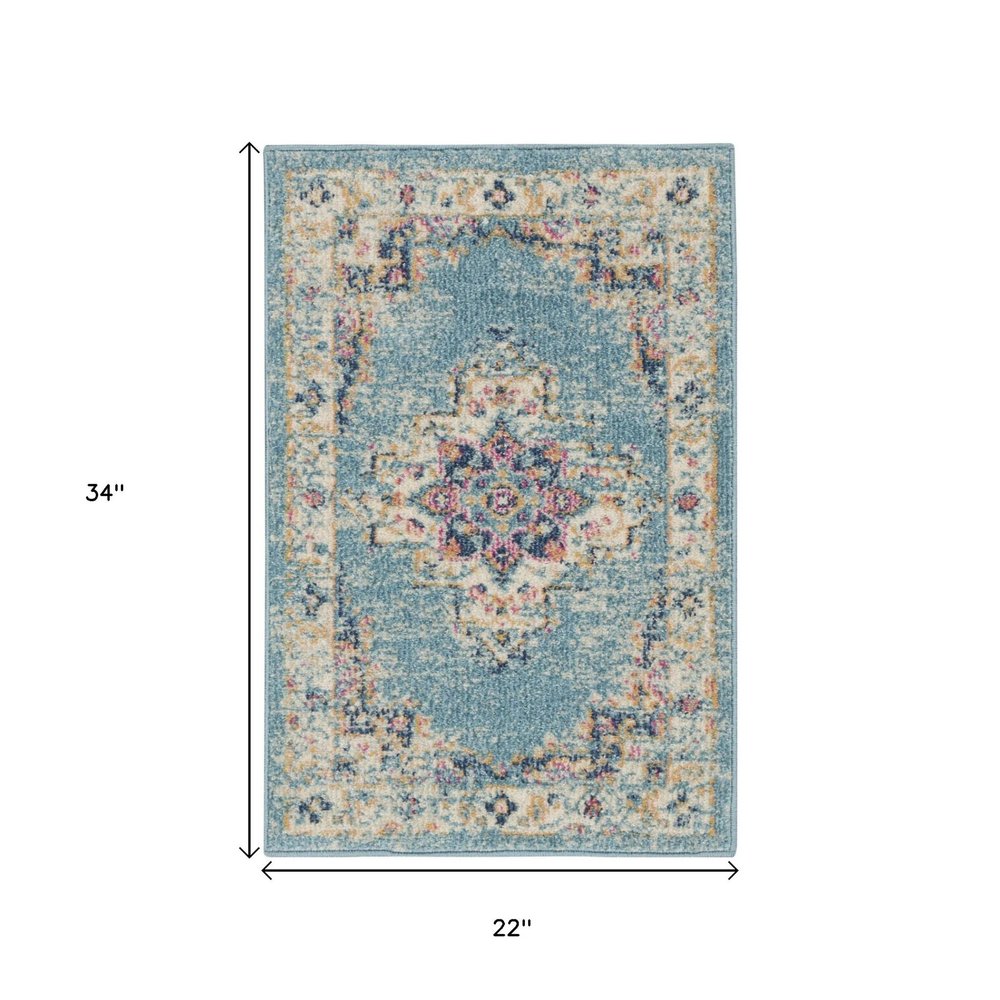 8' Blue And Ivory Southwestern Distressed Runner Rug