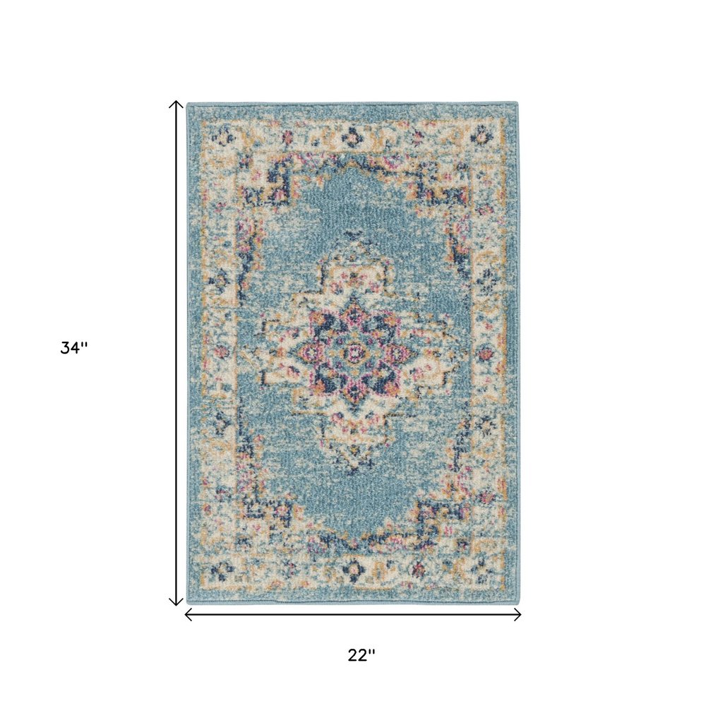 5' X 7' Blue And Ivory Southwestern Distressed Area Rug