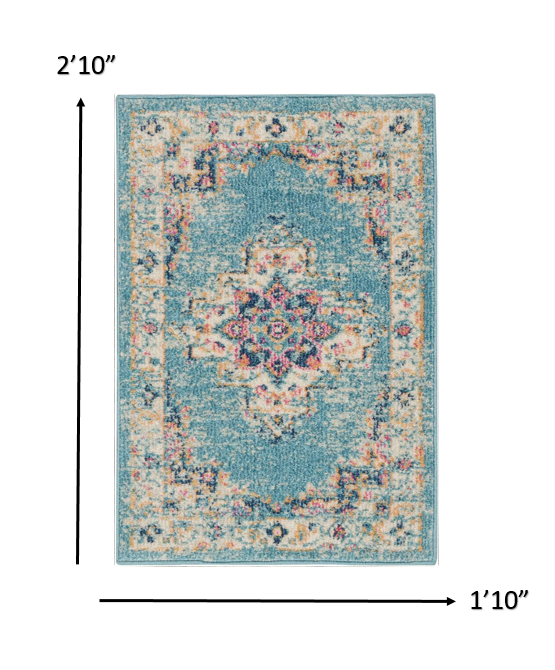 4' Light Blue Round Southwestern Power Loom Area Rug