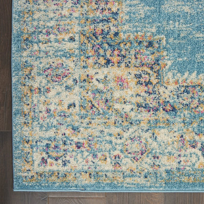 8' Blue And Ivory Southwestern Distressed Runner Rug