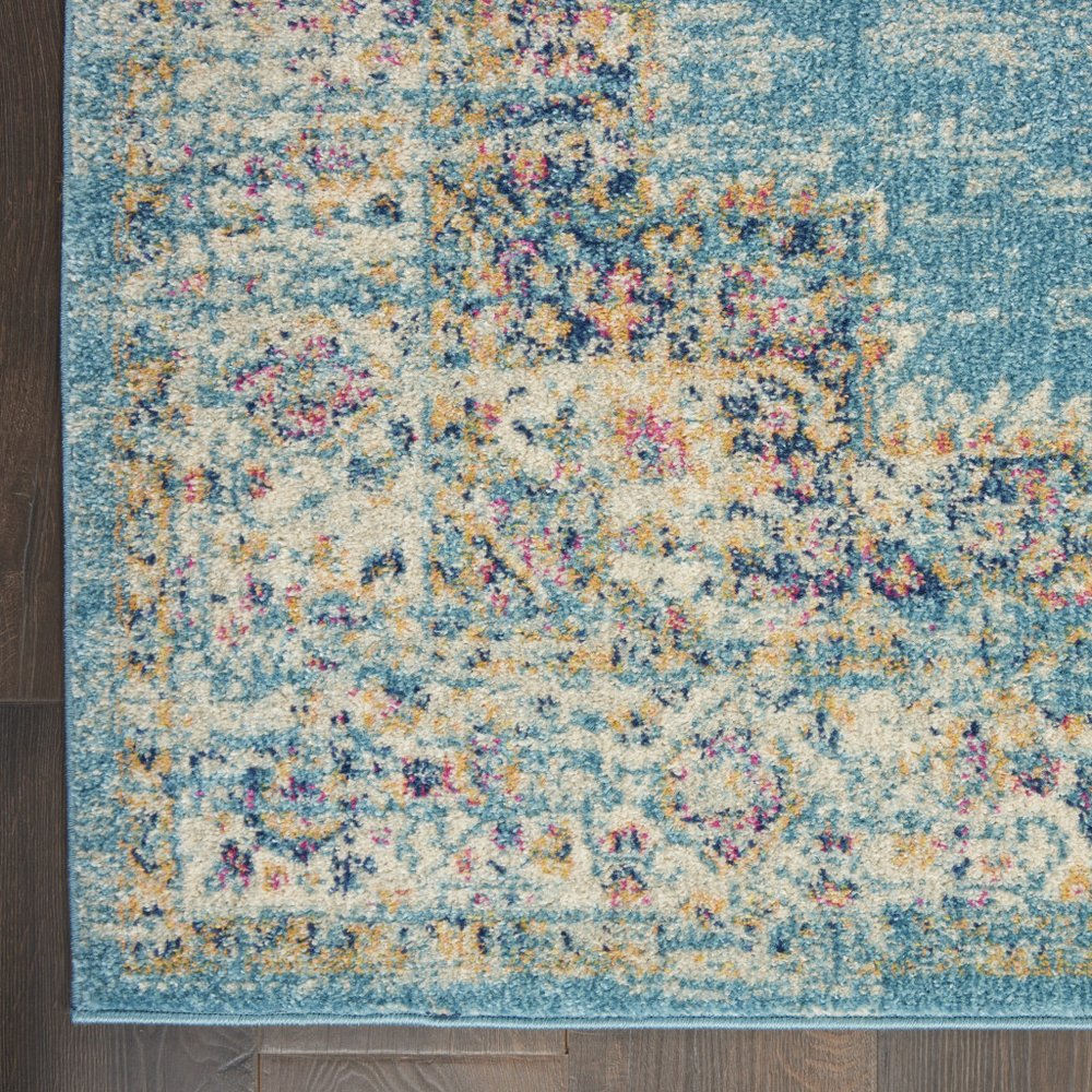 8' Blue And Ivory Southwestern Distressed Runner Rug