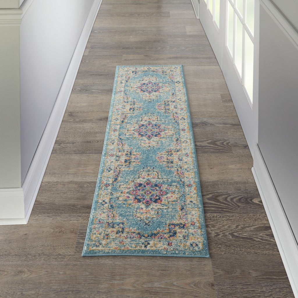 10' Light Blue Southwestern Power Loom Runner Rug