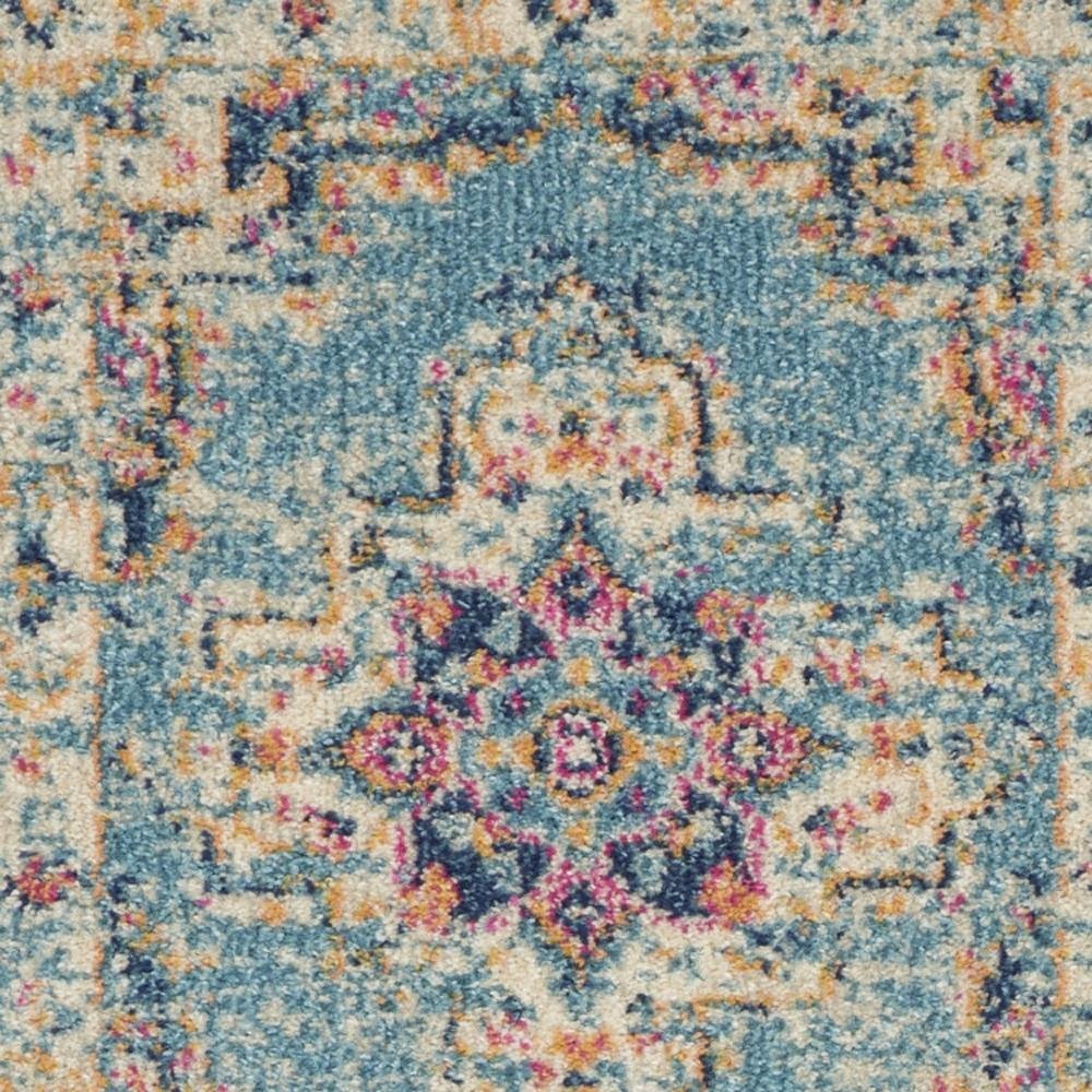 8' Blue And Ivory Southwestern Distressed Runner Rug