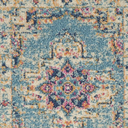 8' Blue And Ivory Southwestern Distressed Runner Rug