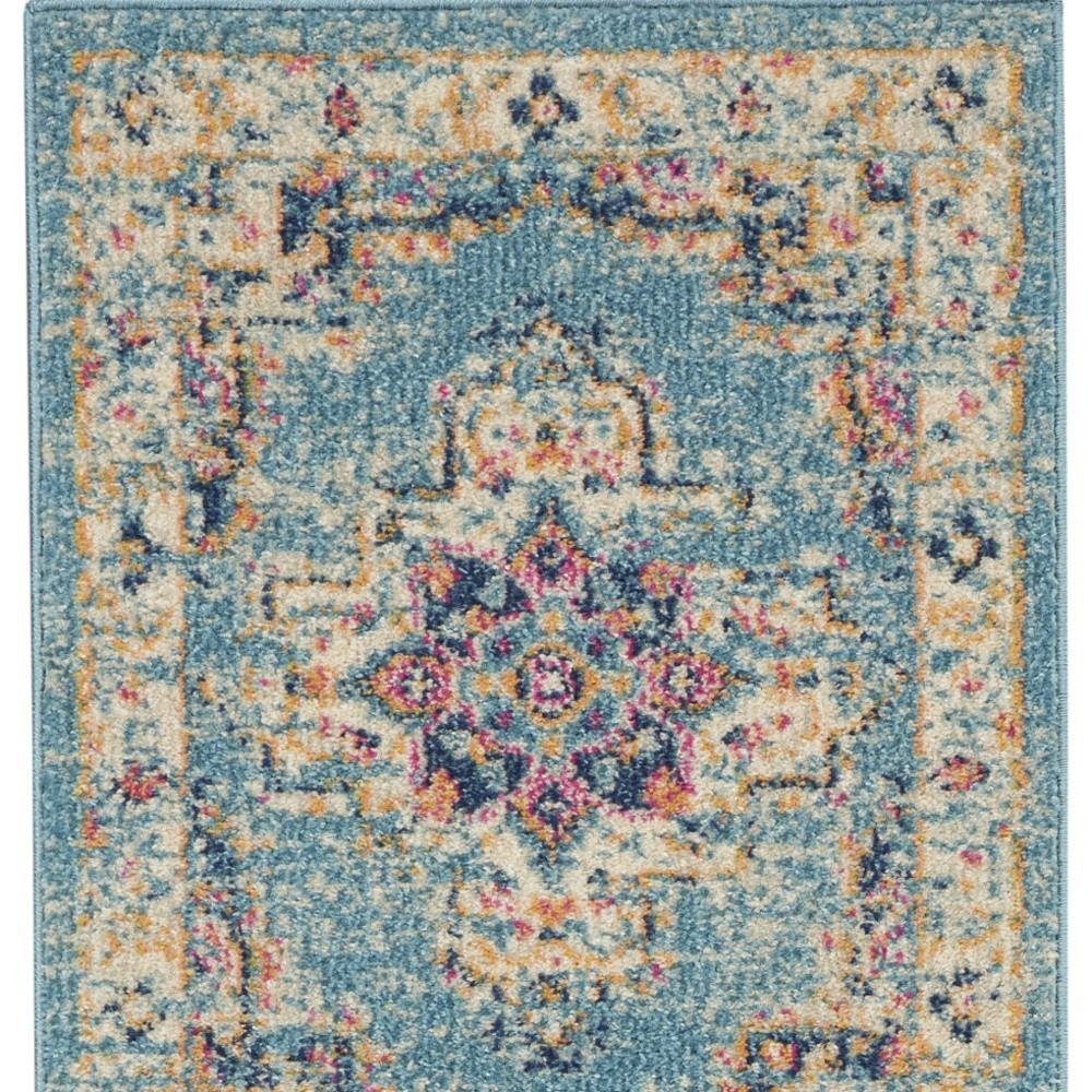 8' Blue And Ivory Southwestern Distressed Runner Rug