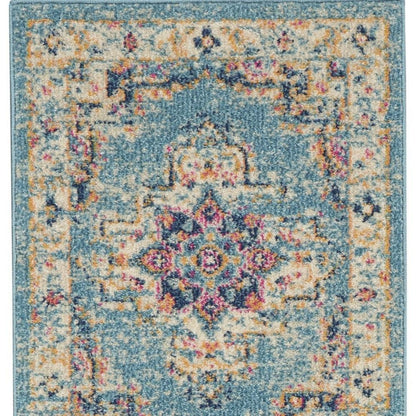 8' Blue And Ivory Southwestern Distressed Runner Rug