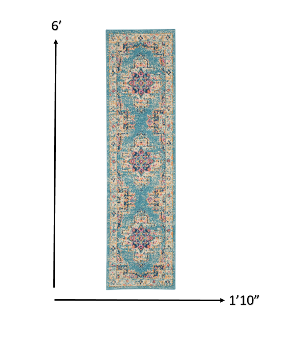 10' Light Blue Southwestern Power Loom Runner Rug