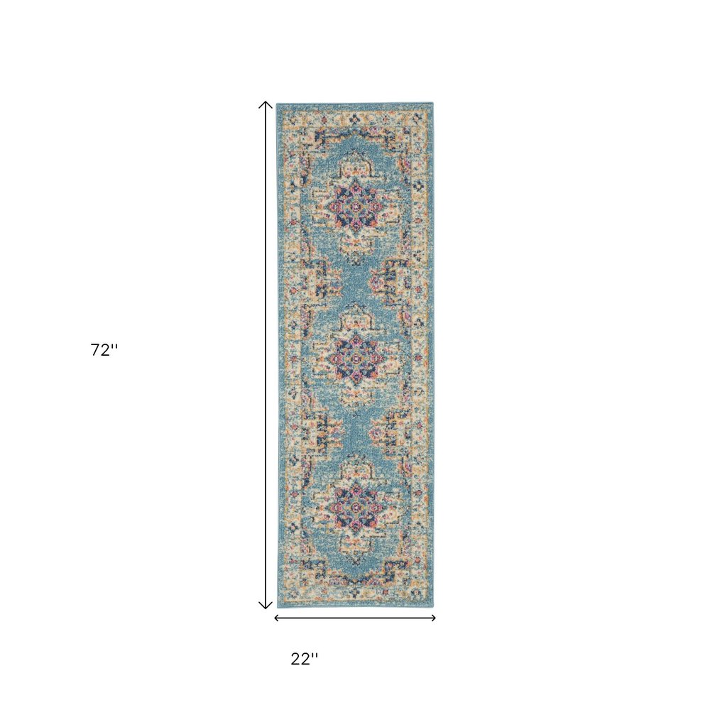 8' Blue And Ivory Southwestern Distressed Runner Rug