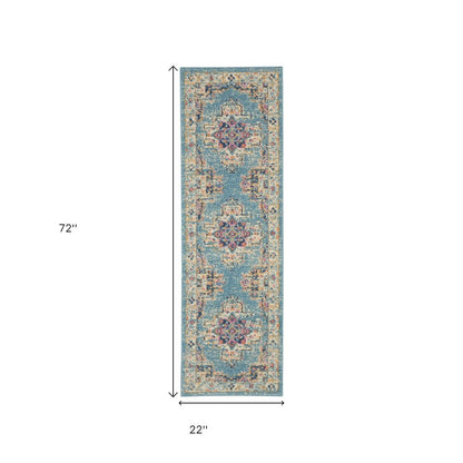 8' Blue And Ivory Southwestern Distressed Runner Rug
