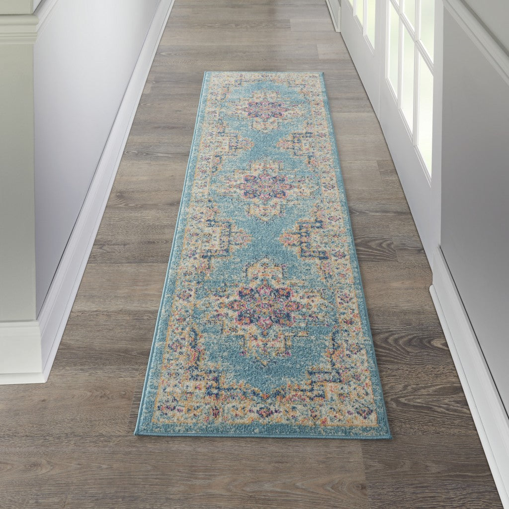 10' Light Blue Southwestern Power Loom Runner Rug