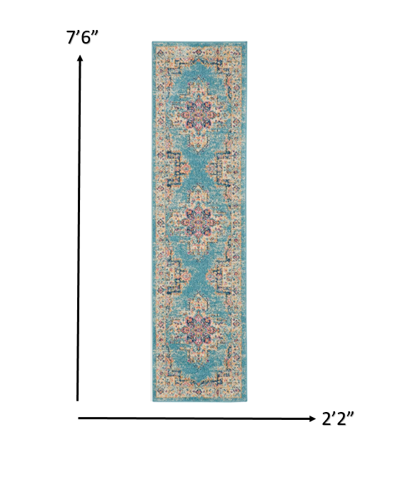 10' Light Blue Southwestern Power Loom Runner Rug